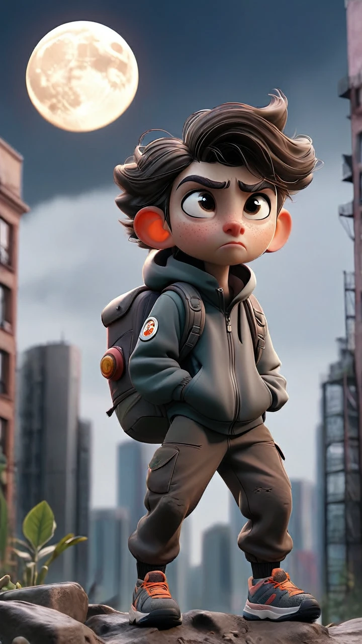 8k, cinematographic, A person in sportswear in an apocalyptic city, with buildings full of nature and a moon on the horizon