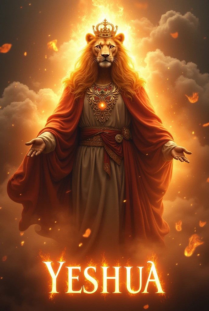 A single image that represents God a lion Jesus as king in a single person in flames with Glory and splendor written underneath Yeshua