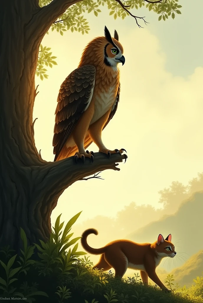 an owl watching a cat from afar (the owl has its back turned)