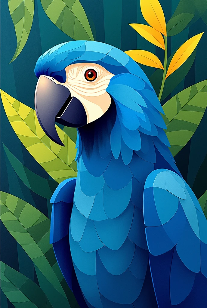 Create a portrait of a parrot's head in a 3/4 view, designed specifically to be made into a mosaic. The parrot should be composed entirely of simple, flat color areas in different shades of blue, suitable for mosaic tiling. The background should be filled with jungle leaves in flat shades of green to contrast with the parrot. The design must focus on clear, distinct color areas to represent the parrot's features, ensuring it is ideal for a mosaic project