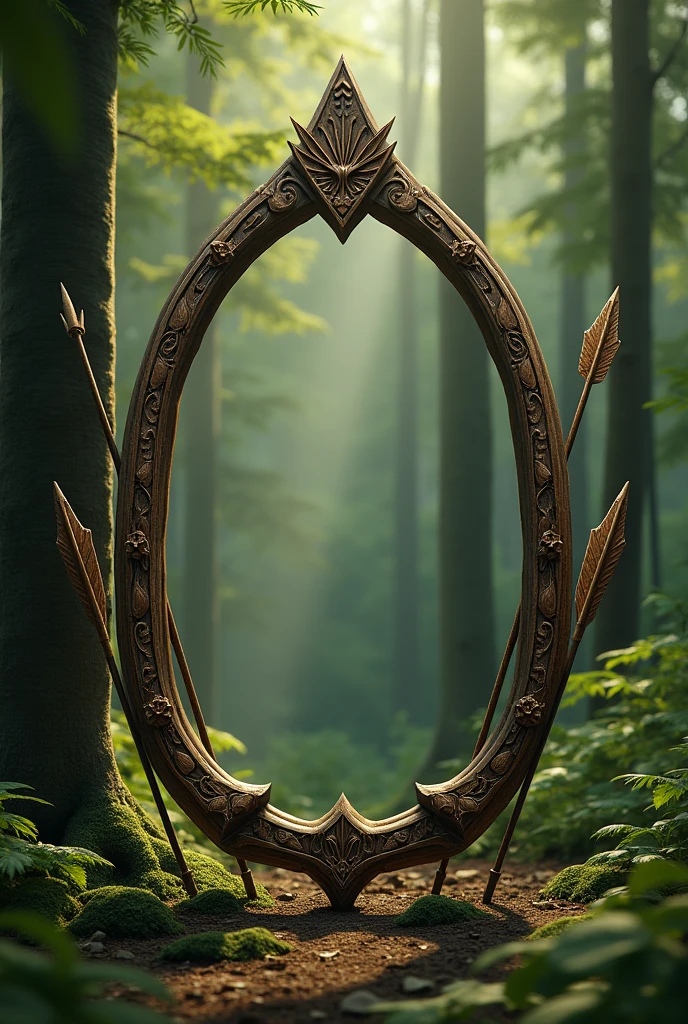 Portrait frame in the shape of a bow with arrows and a background of Sherwood Forest 