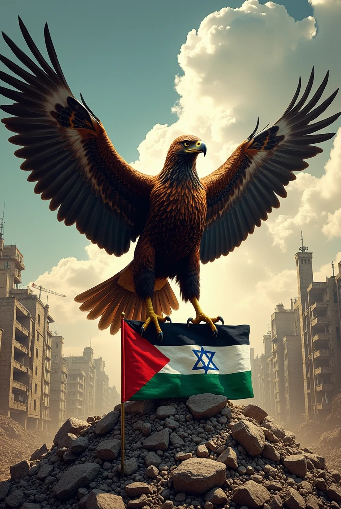 Palestine poster, of a Steppe Eagle with the flag of Palestine in the background, rising from the ashes, Trampling on the Israeli flag, on top of the rubble of a city. 