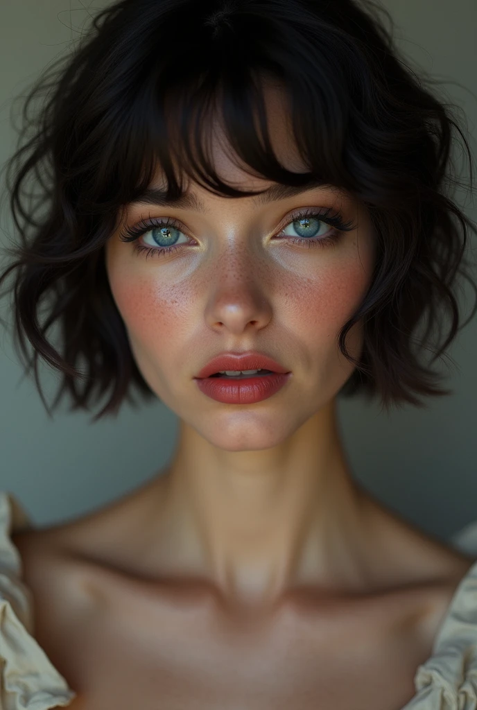 photo super réaliste, coquette fille de 18 ans, grande, sexy, belles courbes, jeune européenne, irrésistible, naturelle, beauté interdite, brune, blanche avec des lèvres rouge sang, rougeurs, charmante, coupe au carré cheveux court, tâche de rousseurs, cheveux noire comme la nuit, porte une frange, yeux bleu claires et perçants, rare, sublime, douce, sensuelle, long cils de princesse, (réaliste), (meilleure qualité), 8k ultra HD, haute résolution