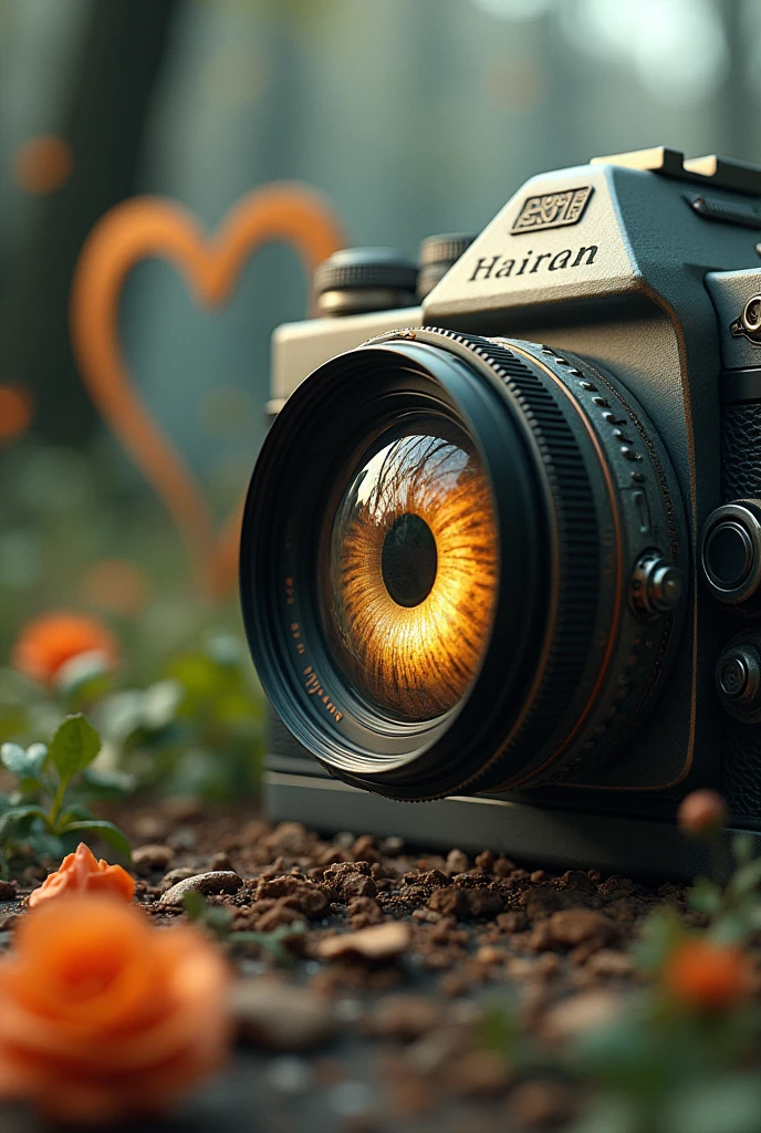 camera with lens being an eye that in the background sees a vintage style heart/ Kuno.
