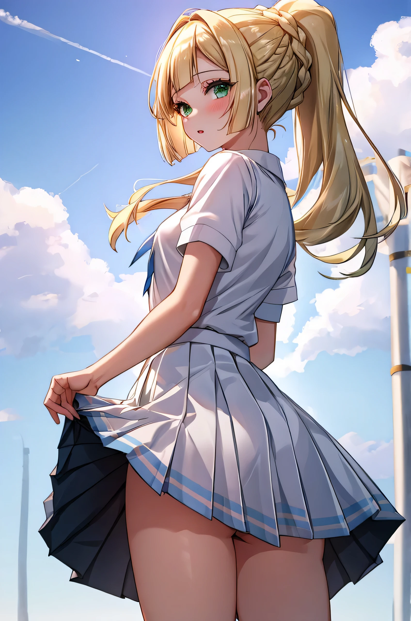 1girl, standing, looking back, skirt lift, show off panty, from below, facing viewer, BREAK lillie, blonde hair, semilong hair, green eyes, french braid, high ponytail, collared dress, white shirt, short sleeves, miniskirt, pleated skirt, white skirt, light blue collar, small breasts, BREAK detailed background, field of flowers, BREAK (best quality, masterpiece, UHD, ultra detailed), (beautiful face, shiny skin), (detailed eyes), (perfect anatomy), (professional lighting)