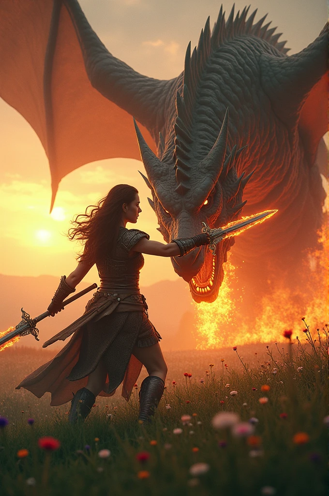 Viking warrior woman fighting a dragon with two flaming swords, brunette with perfect body,at sunset in the middle of a green field