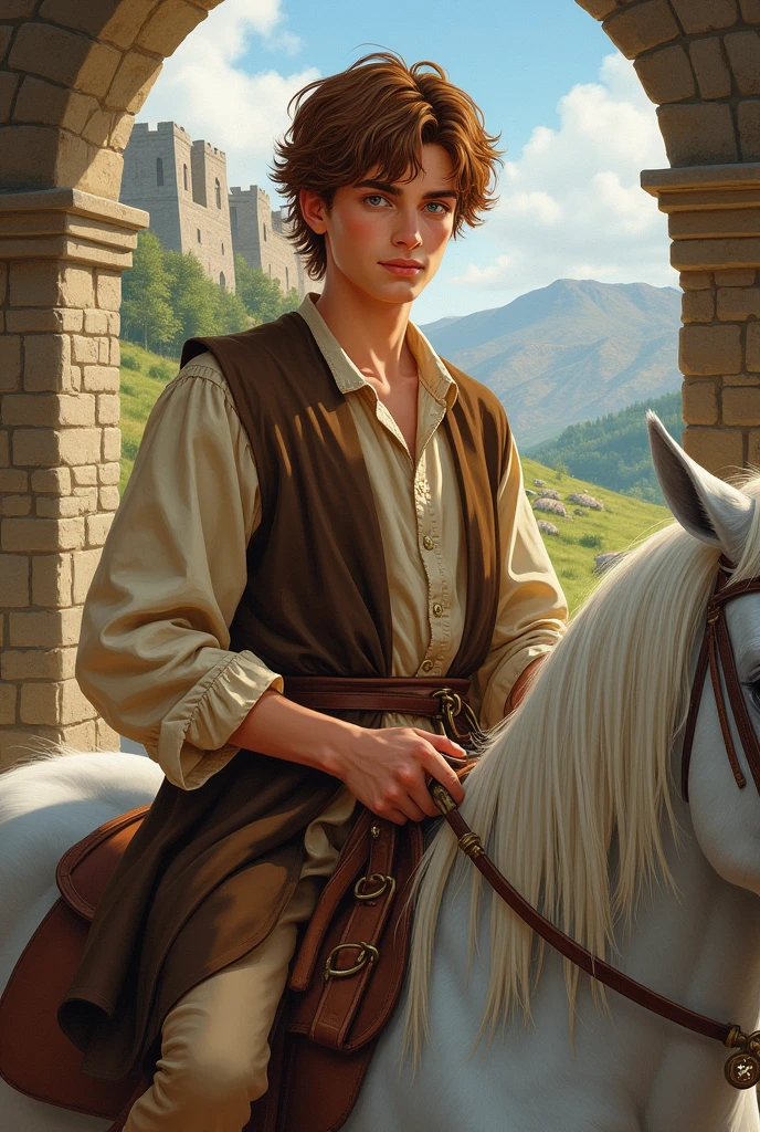 Old drawing
Young white man, hanzel hair and sweet face, with a brown medieval peasant outfit, on grey horse in a medieval decor