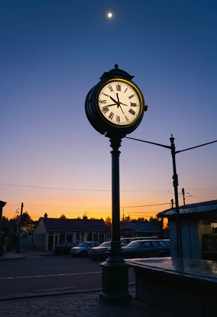 In the morning before sunrise,Clock sun floating in the sky,Old watch shop