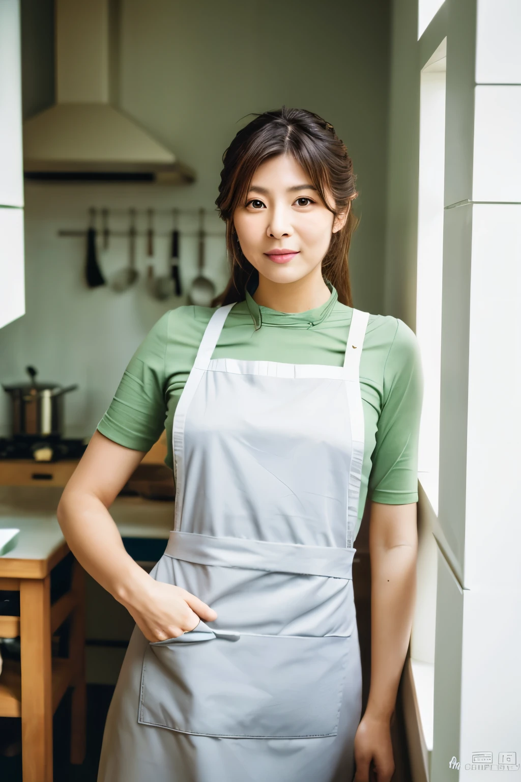 Masterpiece, Pornograply, High quality, Ultra-high resolution, 8K, Realistic, (Intricate details: 1.2), A skinny Japanese actress, 40 years old, {short|long} hair, cute face, detailed face, beautiful eyes, detailed eyes, slender body, hourglass figure, anatomically correct body structure, (wearing a full-length apron: 1.4), looking into the camera. a photo captured at a kitchen filled with sunlight, white floor, white walls, cooking items, (plants: 0.8). full-body photo from various angles