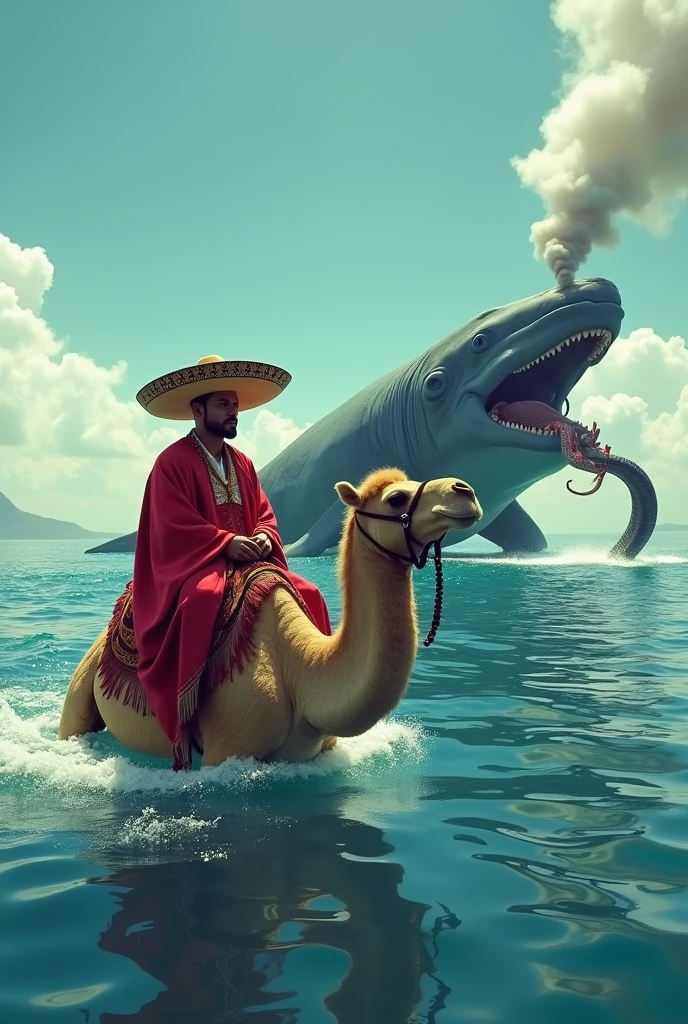 Man dressed in red with a Mexican hat riding a camel in the middle of the sea with a giant whale smoking and eating a snake