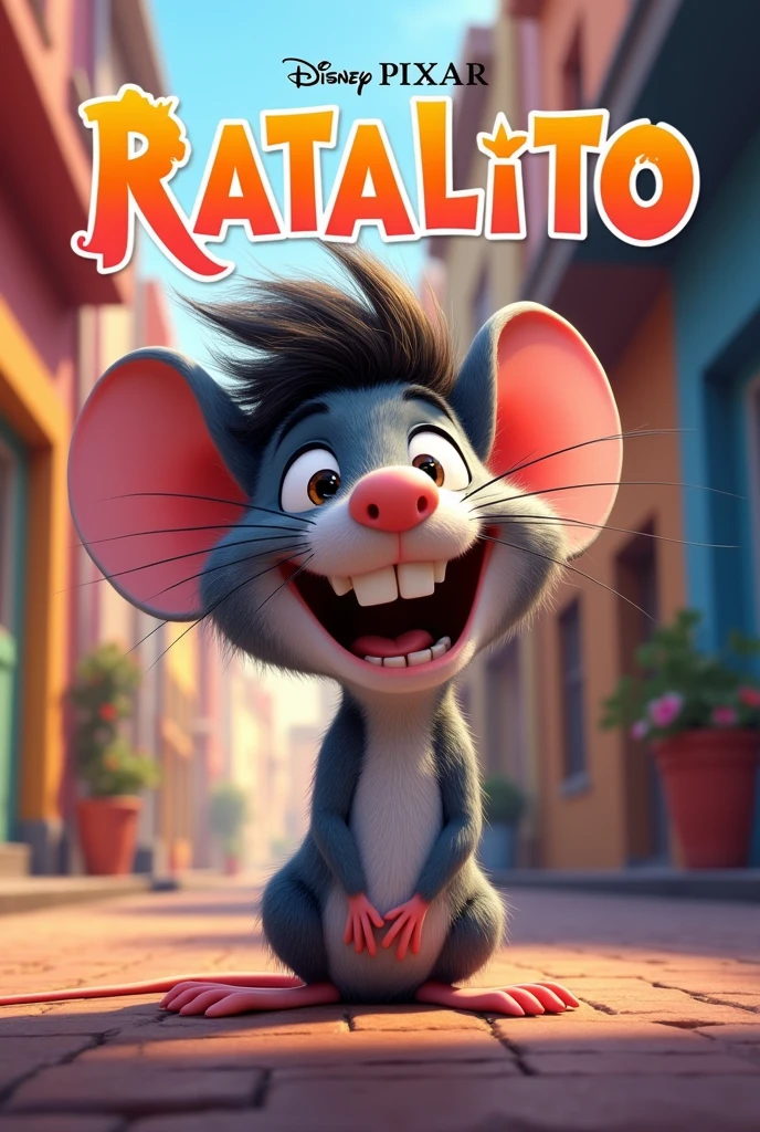 disney pixar title cover "ratalito" a mouse with a hanging nose with giant teeth and 80s hair