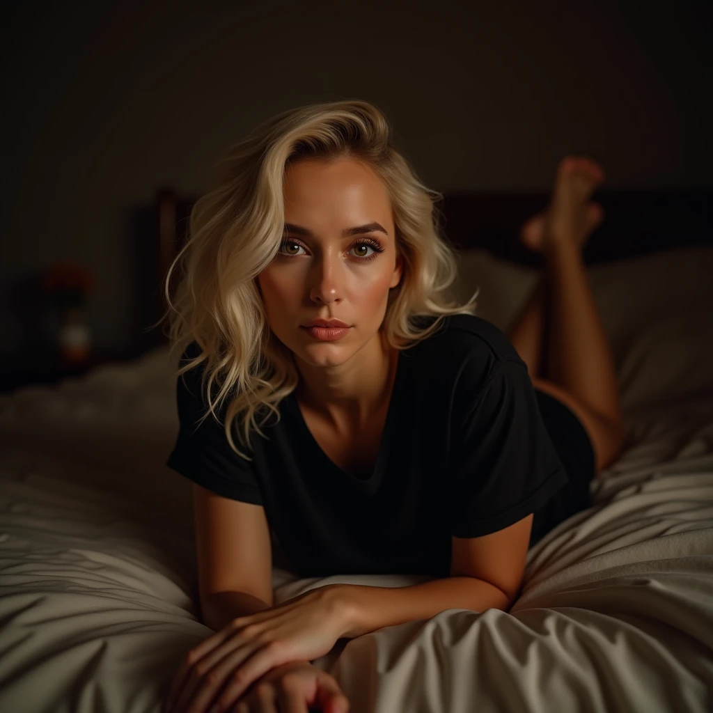 Blonde bombshell , is taking a selfie at night laying on the pillow at the bed. She is wearing a black large t-shirt.