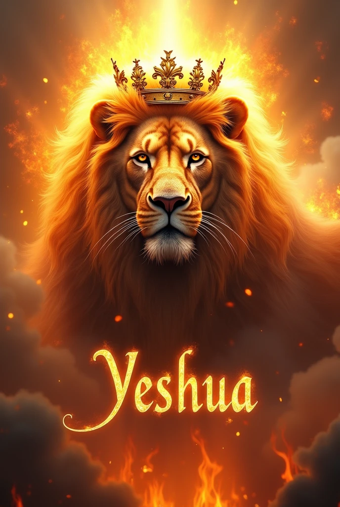 A single image that represents the face of God, a lion, Jesus as king in a single person in flames with Glory and splendor written underneath Yeshua