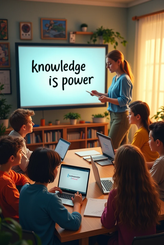 (photorealism:1.2), diverse group of students of various ages and ethnicities, engaged in online learning from home, each using laptops or tablets, in a virtual classroom setting, bright and welcoming atmosphere, students interacting with a teacher on a large screen, soft lighting from computer screens, cozy home environments with personal touches like plants and books, 'Knowledge is Power' displayed subtly on a virtual whiteboard, realistic, intricate details, warm and inviting colors, by Norman Rockwell, by Jean-Leon Gerome