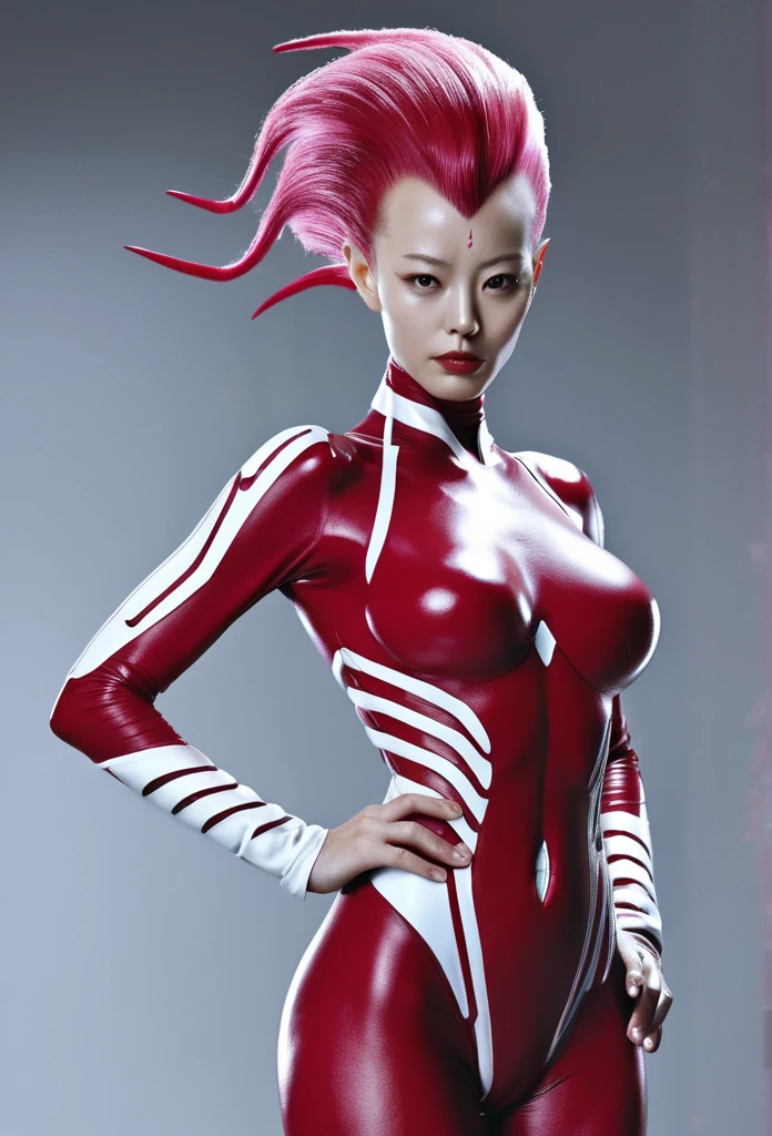 An alien with a crimson body and white lines、Silver Mohawk､Women's Ultra Seven、Sexy pose chest, High resolution, しゃがんで脚を開いて座っているポーズ