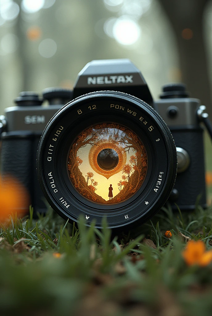 camera with lens being an eye that in the background sees a vintage style heart/ Kuno.