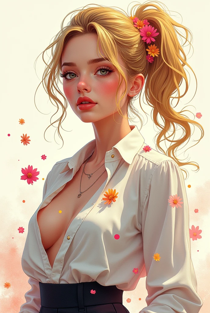 (masterpiece), (best quality), (ultra detailed),(disheveled hair),(illustration), (1girl), (Fashionable clothing),Open shirt, A stunning illustration ((Patrick Nagel Style)) standing, Fashion model, looking at viewer, (interview), (simple background),beautiful detailed eyes, delicate beautiful face, Floating,(high saturation),(colorful splashes),colorful bubble,(shining), focus on face, ponytail, kamisato ayaka, gold hair, bangs, hair ring, floating flowers, floating hairs, (shining), best lighting, best shadow,