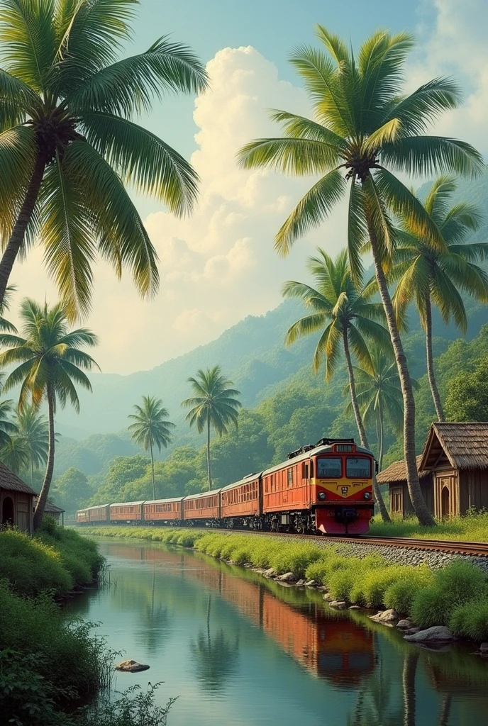 Painting of a train , trails lined with coconut trees, rustic fisherman's houses and lake