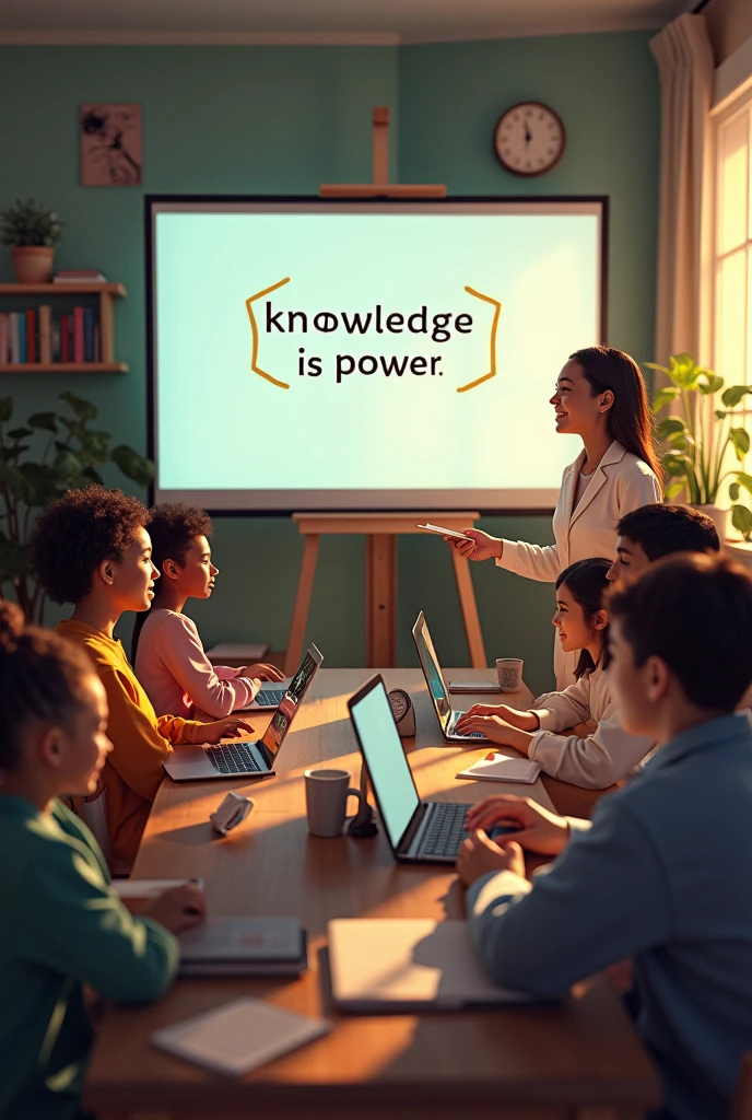 (photorealism:1.2), diverse group of students of various ages and ethnicities, engaged in online learning from home, each using laptops or tablets, in a virtual classroom setting, bright and welcoming atmosphere, students interacting with a teacher on a large screen, soft lighting from computer screens, cozy home environments with personal touches like plants and books, 'Knowledge is Power' displayed subtly on a virtual whiteboard, realistic, intricate details, warm and inviting colors, by Norman Rockwell, by Jean-Leon Gerome