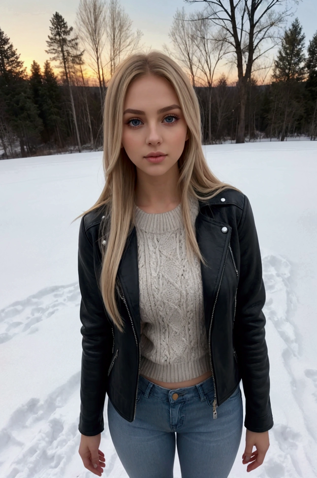 Allie Dunn full body, ultra realistic, meticulously detailed, phot realistic Allie Dunn, blond hair, natural makeup, natural light, natural lighting, natural shadows, no filters, beautiful and detailed eyes, beautiful and detailed face) looking directly to the camera, full body photo, selfie, subtle makeup, stunning full body shot, winter sunset in the background, on a snowy meadow in winter, (wearing jeans, red jumper, black leather jacket:1.2) perfect female body, perfect skin, perfect face.
