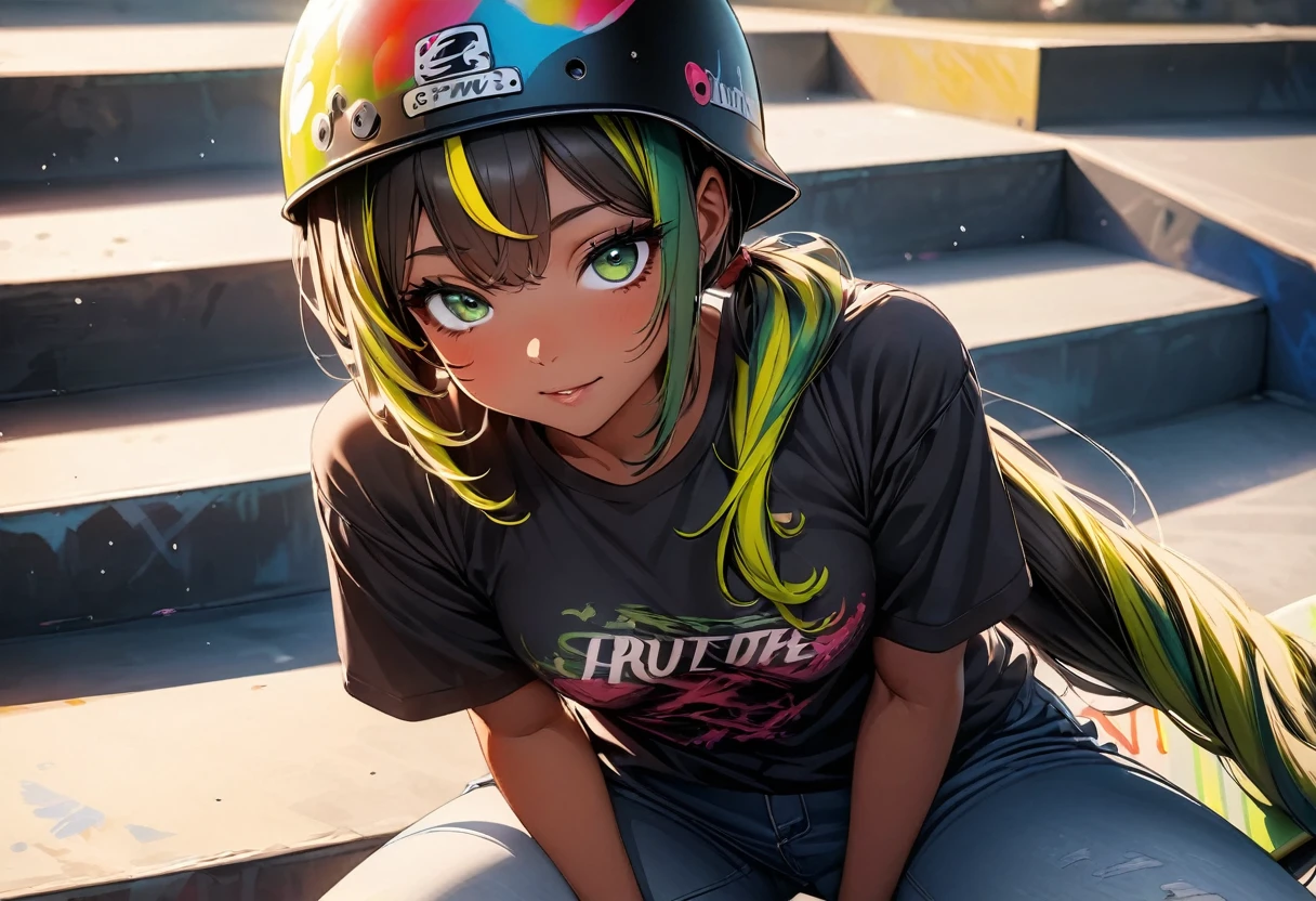 (highest quality:1.2, Very detailed, up to date, Vibrant, Ultra-high resolution, High Contrast, masterpiece:1.2, highest quality, Best aesthetics), Portraiture、girl、((2:1.5)), (slim:1.2), 25-years-old, skateboarder, (skateboard helmet:1.3), (black t-shirt), jeans, holding skateboard, Bright colors、Beautiful fine details、Beautiful lip detail、long hair, (low ponytail:1.3), white and yellow green ((streaked hair:1.6)), highlights hair: 1.5, (small breast,:1) (tan skin:1.2),skateboard park,