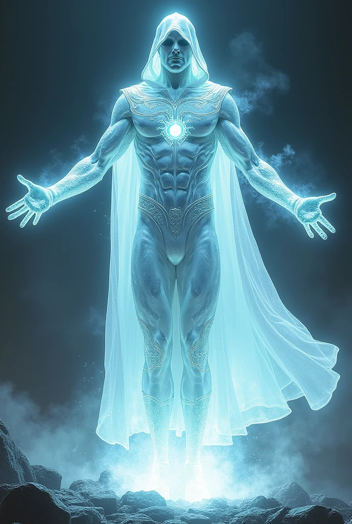 Humanoid man made of faceless crystals, His body is translucent and filled with mist inside with rune symbols all over his body with open arms, with a white hooded cape with light fabrics that spread to the floor in silver details, imagem em arte dc comics