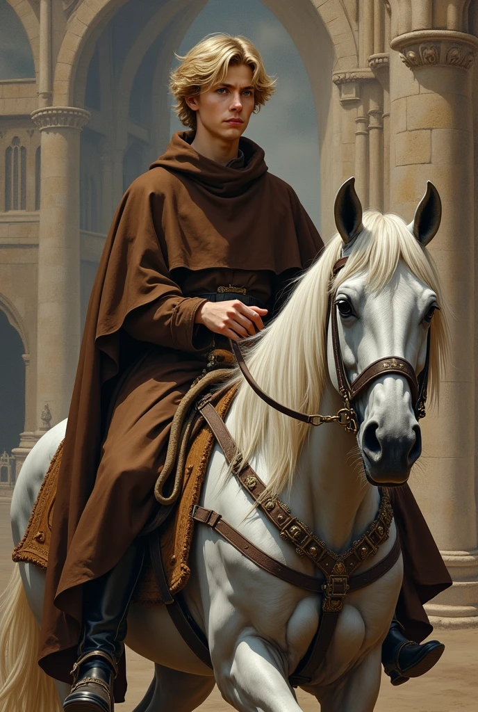 Drawing like 1800s

Young white man, hanzel hair and sweet face, with a brown medieval religious outfit, on grey horse in a medieval decor