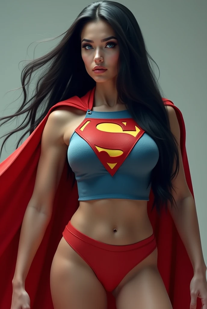 A MUSCULAR FEMALE, WITH LONG BLACK HAIR, BLUE EYES, WITH HUGE BULGING SWOLLEN MUSCLES, WEARING A CLASSIC SUPERMAN COSTUME AND RED CAPE. ABSURD 8K RESOLUTION, INCREDIBLY DETAILED SKIN AND EYES.