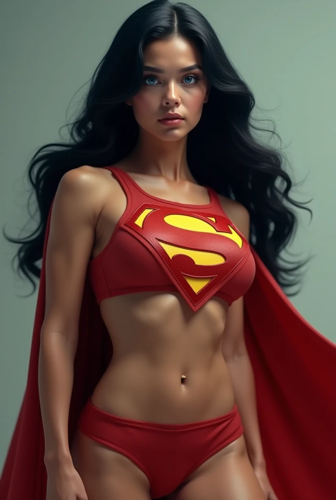 A MUSCULAR FEMALE, WITH LONG BLACK HAIR, BLUE EYES, WITH HUGE BULGING SWOLLEN MUSCLES, WEARING A CLASSIC SUPERMAN COSTUME AND RED CAPE. ABSURD 8K RESOLUTION, INCREDIBLY DETAILED SKIN AND EYES.