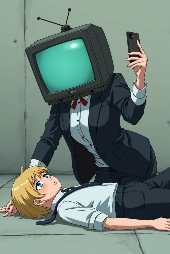 Generates an image in which a TV Woman a woman with a television head wearing a uniform of a white shirt and a large black jacket and the boy is unconscious on the floor the girl has a television head . Who is taking a selfie with Katsuki, a blond boy passed out on the concrete ●_● The blond boy is unconscious on the floor Both are men ANIME !!