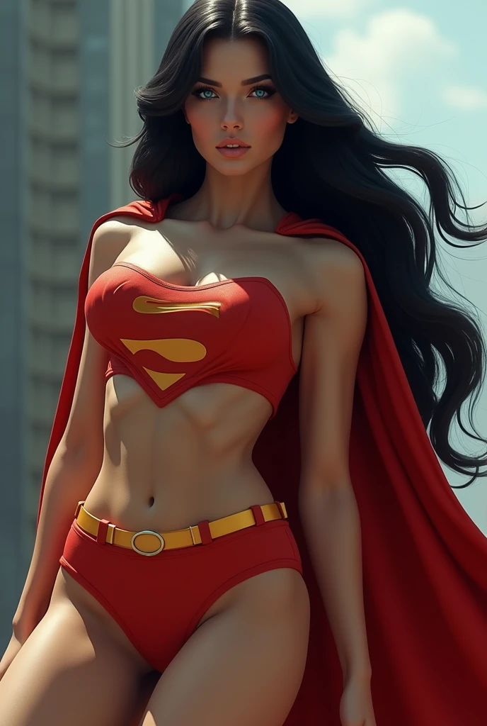 A MUSCULAR FEMALE, WITH LONG BLACK HAIR, BLUE EYES, WITH HUGE BULGING SWOLLEN MUSCLES, WEARING A CLASSIC SUPERMAN COSTUME AND RED CAPE. ABSURD 8K RESOLUTION, INCREDIBLY DETAILED SKIN AND EYES.