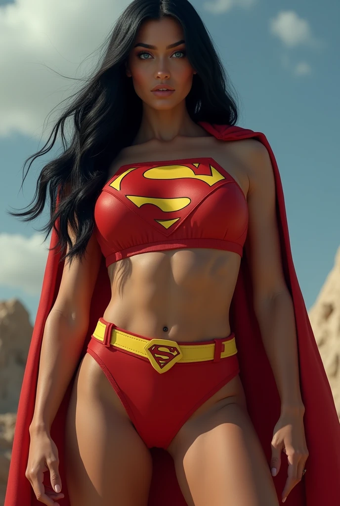 A MUSCULAR FEMALE, WITH LONG BLACK HAIR, BLUE EYES, WITH HUGE BULGING SWOLLEN MUSCLES, WEARING A CLASSIC SUPERMAN COSTUME AND RED CAPE. ABSURD 8K RESOLUTION, INCREDIBLY DETAILED SKIN AND EYES.