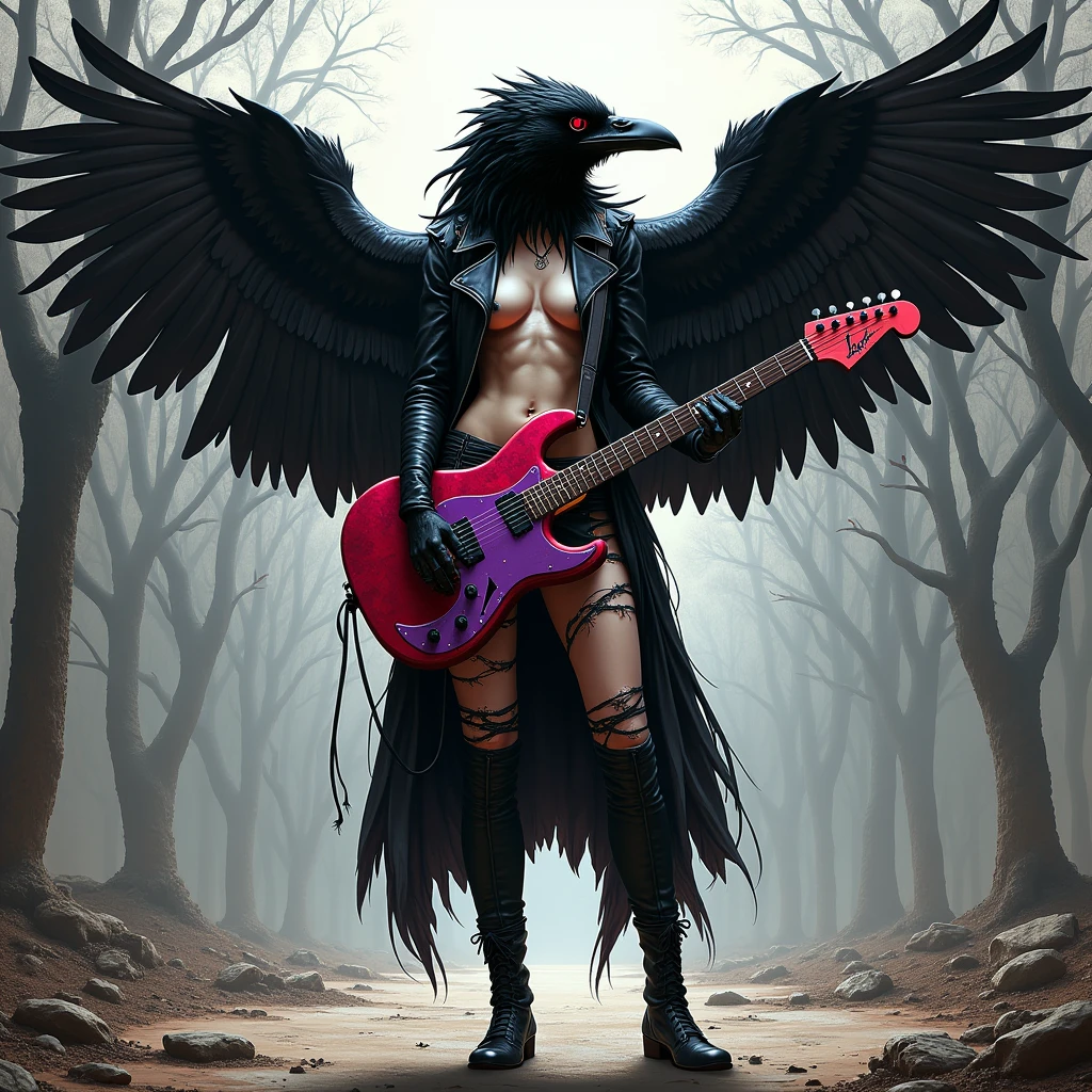 black and white japanese comic, distant shot, full body, attention, crow with seductive woman's body and crow's face, large black wings, black leather jacket: 1.4, eyes, dark and torn, ((only 1 dark woman crow and malevolent underworld, tight and torn leather clothing, black leather jacket, beautiful muscular body, fierce expression, holding a Fender Stratocaster guitar in his right hand(red and purple colors: 1.3), standing in a desolate park, dramatic lighting , intense shadows, gritty texture, high contrast, vibrant colors, dynamic pose, powerful stance, rough background, explosive atmosphere, dystopian theme, surreal elements, digitally painted illustration, high definition resolution, intricate details, dramatic composition, avant-garde and chaotic brush strokes , gothic style, intense emotions, epic scale, raw and gritty feel, captivating and provocative artwork...