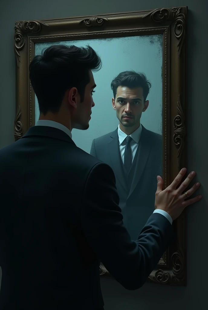 A young businessman looking at his spooky reflection in the mirror smiling back at him, framed mirror, shadows writhing in the background, realistic image
