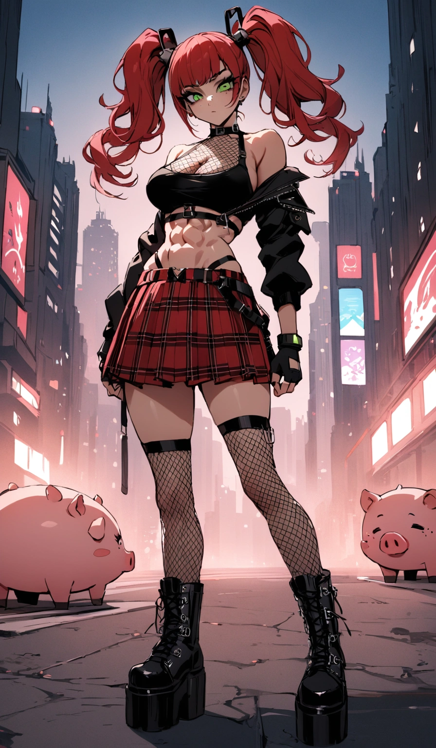 woman, stoic, curly red hair in pig tails, green eyes, black eyeshadow, wearing crop top black shirt, long black jacket, red plaid skirt, black knee high boots, black fingerless gloves, exposed shoulders, large breasts, freckles, abs, cleavage, looking down at viewer, masterpiece, best quality, Holo-Punk Style, cityscape, make up, eyelashes, fish net undershirt, fish net stockings, (full body)