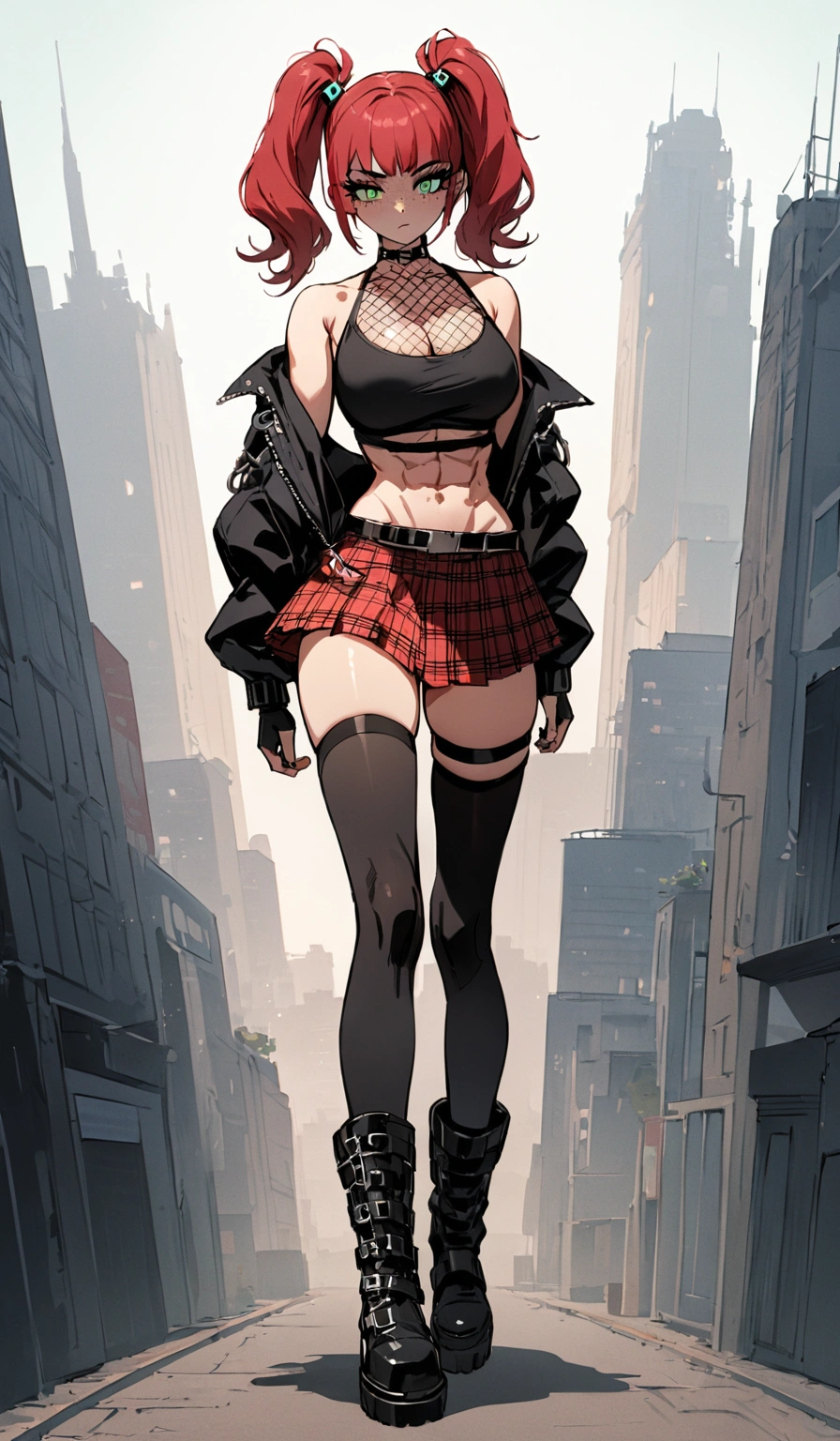 woman, curly red pixie cut hair, green eyes, wearing crop top black shirt, long black jacket, red plaid skirt, (black knee high boots), black fingerless gloves, exposed shoulders, (full body), large breasts freckles, cleavage, abs, looking at viewer, masterpiece, best quality, an14, Holo-Punk Style