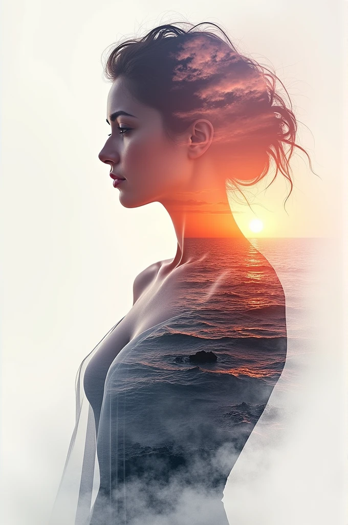 high quality, 8K Ultra HD, A beautiful double exposure that combines an goddess silhouette with sunset coast, sunset coast should serve as the underlying backdrop, with its details incorporated into the goddess , crisp lines, The background is monochrome, sharp focus, double exposure, by yukisakura, awesome full color,