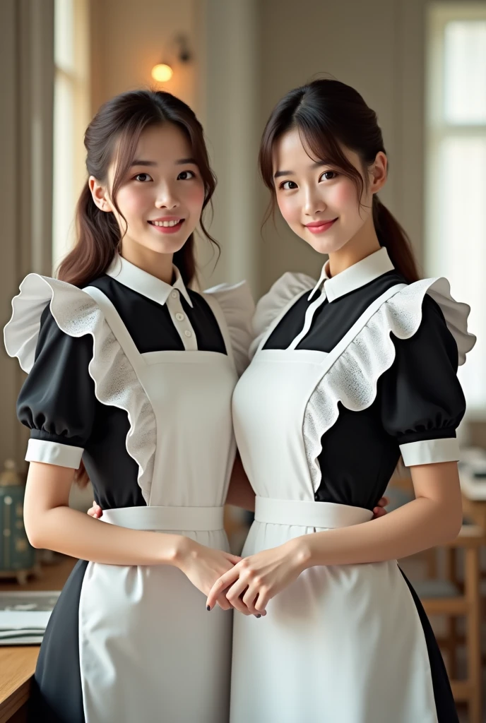 Two sexy girls dressed as reserved maids, with nice service women&#39;s clothing, two girls smiling