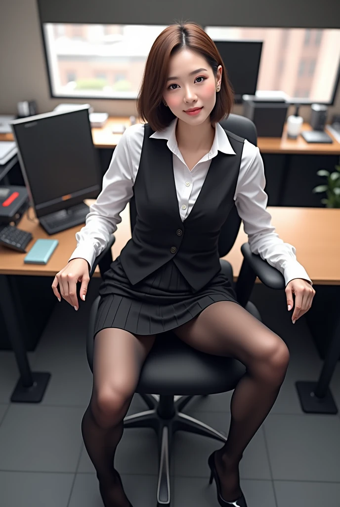 (whole body:1.5)，(Watching the audience:1.4)，(Correct Anatomy:1.3)，(That day in paradise:1.3),(Wearing matte black pantyhose, an office lady business suit and high heels，And lots of jewellery :1.3), (Sit on a chair:1.3),(In pink|yellow|Blue color|green|red|White color|Black in color|Purplish color|grey|beige|Skin color 1.4)，,(Accurate and perfectly beautiful face:1.4),(Clothing gloss:1.25),(Skin Reflection:1.25),Hyper HD, Ray Tracing, reflected light，Structurally correct, Award-winning, expensive詳細, Light and dark contrast, Facial lighting，Cinematic Lighting, Masterpiece, Super Detail, expensive、expensive品質, expensive詳細, Best quality, 16K，High Contrast,Unprotected lower body, NSFW