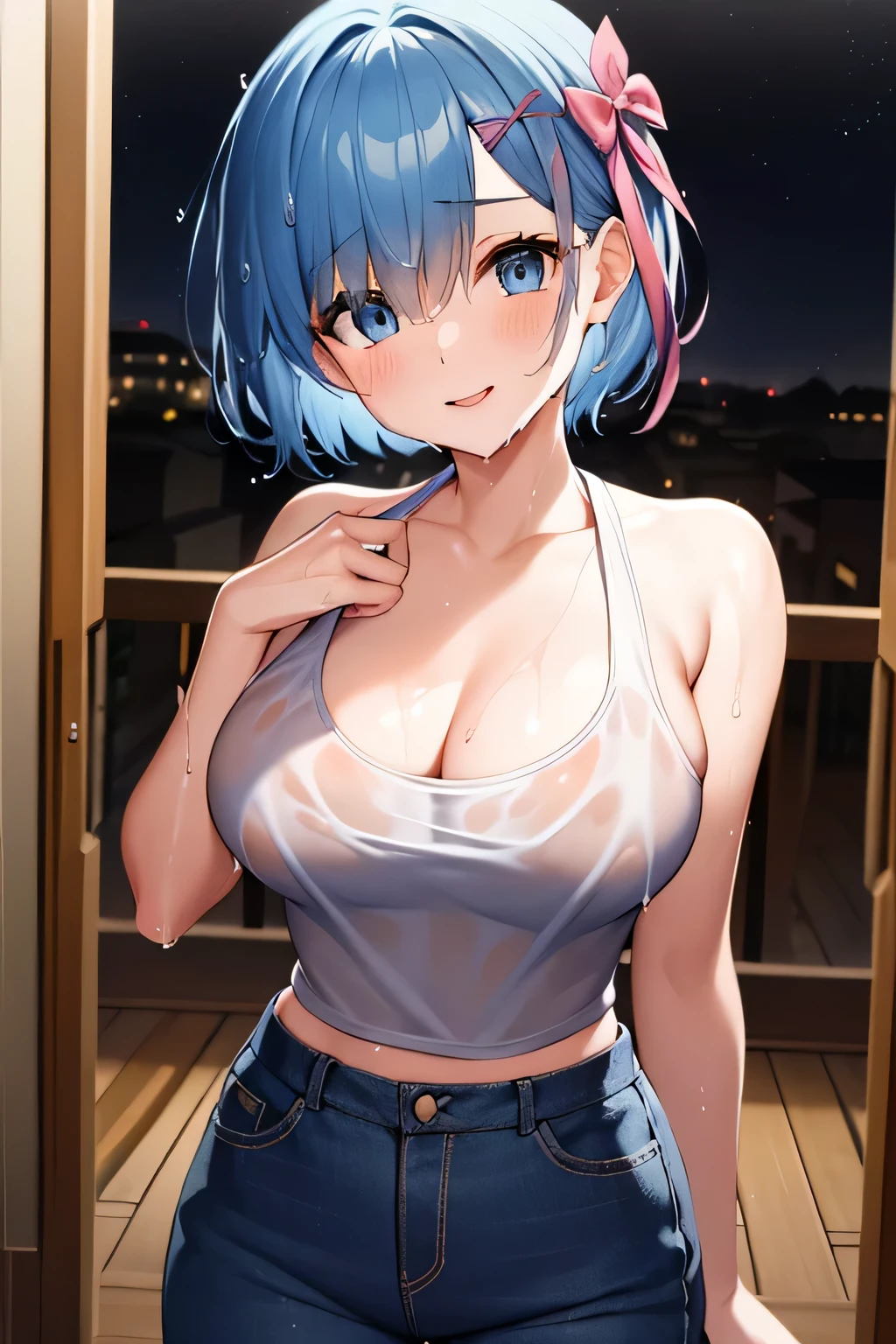 poor, short hair, x Hair accessories, Hair Ribbon, Hair on one eye, Large Breasts, Cleavage, (Low length:1.1),Cowboy Shot,(Wet Skin:1.3),
break 
(software), Please place your hand on your chest, head tilt
break
little smile, Happy, (blush), (shut up.)
break 
official art, masterpiece, Highest quality, Highest Resolution, 8k, Most detailed, perfect anatomy
break
Wild West, Western Towns, Dust, Night Sky, Highly detailed CG Unity 16K, Very beautiful 16K CG wallpaper,wearing a sexy top, wearing a tank top