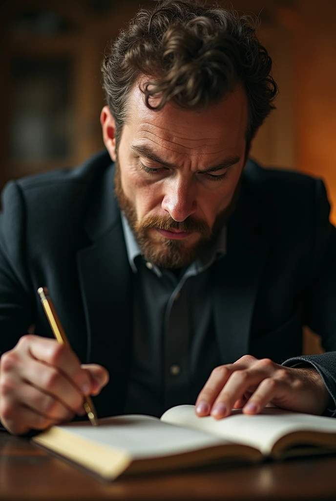 a man deeply focused on taking notes, a man writing down his goals, plans and objectives, detailed facial features, intricate expression, hyper realistic, cinematic lighting, warm color tones, dramatic shadows, high quality, 8k, photorealistic, masterpiece, cinematic composition, dynamic pose, thoughtful expression, meticulous details, dramatic atmosphere, sophisticated style