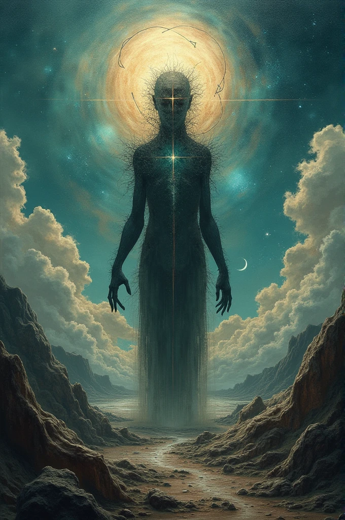The painting is a deeply spiritual and mystical work, representing the journey of dissolving the ego and unifying with the divine, as described in poem "Not Corpo Not Apple". The work is engaging, rich in symbolism and abstract, capturing the essence of the poem through a palette of subtle colors and ethereal shapes.
middle shot: The Bodyless, Soulless Figure in the Center of the Painting, there is an almost indistinct human figure, represented in an abstract way, without clear facial features or physical details. The figure appears to be in constant transformation, as if dissolving into pure light. The edges of the body are diffuse, blending into the background, symbolizing the loss of identity and the transcendence of body and soul. The figure is not limited by a physical form, but it's more of a presence, a field of luminous energy that radiates gently outward. The light around the figure is gold and silver, creating a sense of sacredness and transcendence.
o fundo: An Infinite and Abstract Space The background of the painting is a vast abstract space that seems to stretch infinitely. There is no horizon or borders, symbolizing placelessness and expansion beyond physical limits. The color palette is composed of soft shades of blue, purple, dourado e branco, that mix fluidly, as if they were currents of energy in motion. There are no references to land, water, air or fire, reflecting the lack of connection with material elements. The space is filled with ethereal forms, that suggest clouds, mists or energy waves, but which remain undefined and in constant flux.
symbolic elements: Neither East Nor West Spread throughout the painting, there are symbols and fragments from various cultures and religions, but they are all abstract and not fully formed. These elements are only suggested., like shadows or echoes of shapes, representing the transcendence of religious and cultural identities. There are subtle references to stars of different