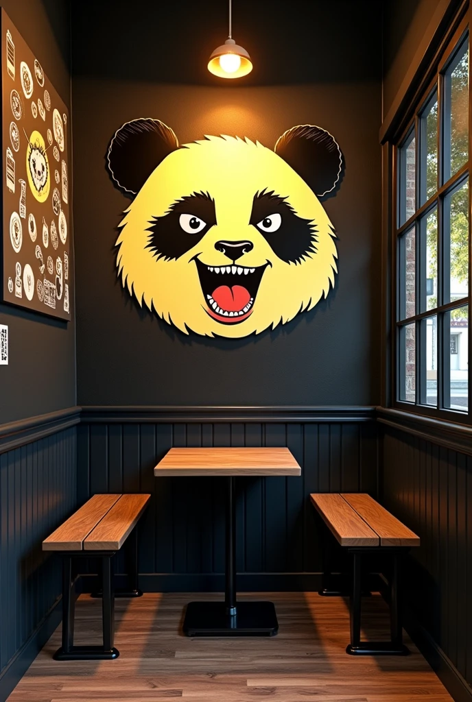 I need you to design me the image of a small coffee shop, of two tables, rock n roll style, pictures of pandas, with lots of decoration, original and creative. I need the decoration, simple but cozy. The cafeteria must be in black, yellow lights. On the black walls I want white stickers and on one wall I want a big panda drawn on it., the panda must be fat, and have an angry look and smile.