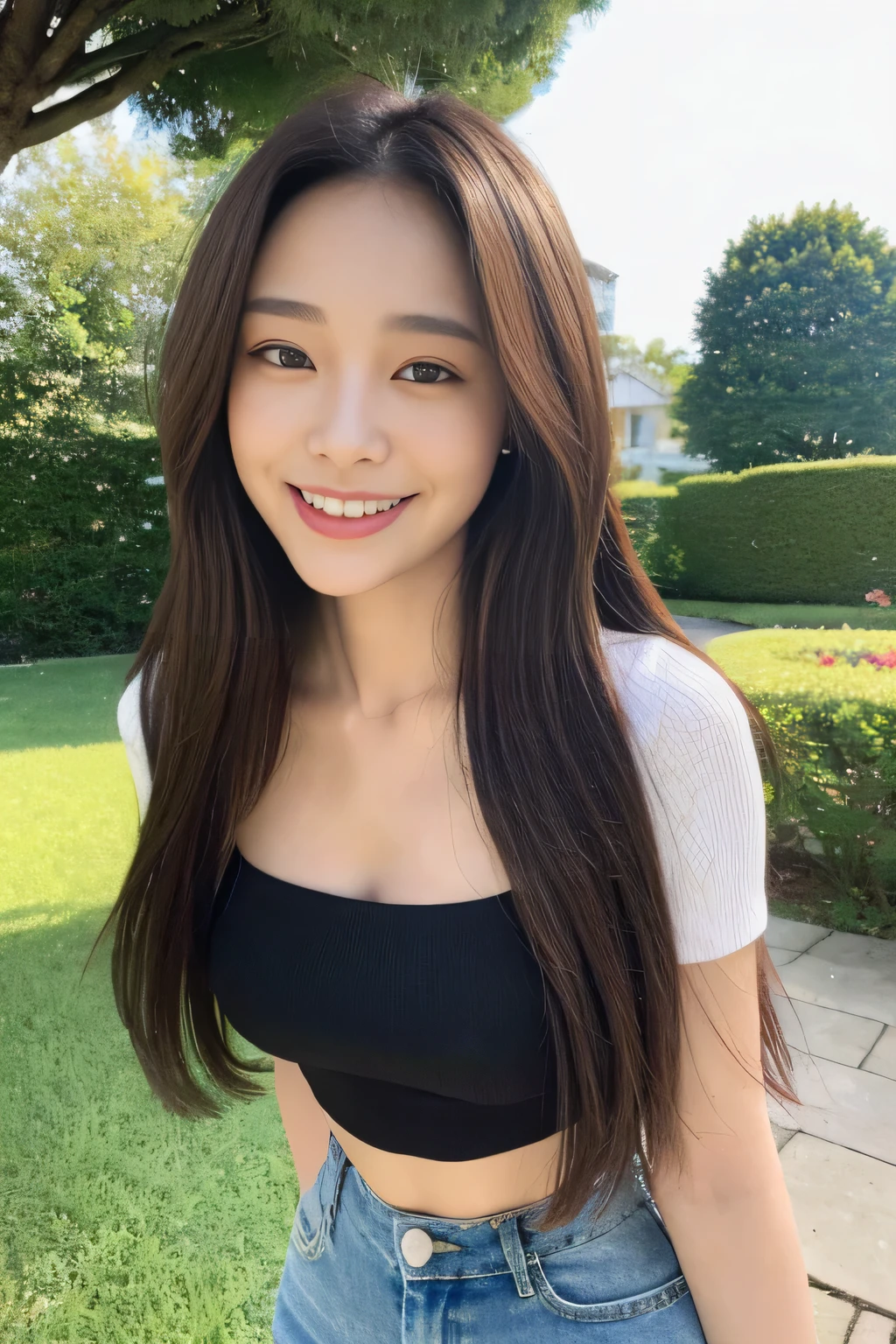 seed:1082546263..((close-up:1.2)).((Full body angle:)).((Highest quality, 8k, masterpiece:1.3)), ((from below:1.1)).concentrated:1.2, Perfect body beauty:1.4, Hips:1.2, ((Delicate Hair)), (Vibrant color block short sleeve crop top for women,Shorts :1.1) , ((Highest quality、8k、masterpiece:1.3))、1 A cute smile、Esbian all over body、Slim face、Big Boobs、Beautiful woman、(Dark Brown Hair)、Long Hair、1.1、Flickering Valley、Detailed eyes、double eyelid、Blurred Background、超Slim face、smiling face、Cross your arms、Looking down、Walking in the park、
