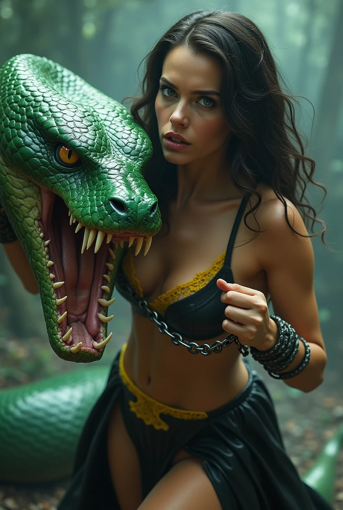 Create a dynamic and intense fantasy scene with actress Alexis Bledel as a fierce Amazon warrior. She is dressed in a leather crop top and a flowing black leather strappy skirt showing a yellow lace thong.. Focus on your face, inspired by actress Alexis Bledel, showing off her bright blue eyes full of determination. She's handcuffed, but using the chains to wrap around the jaws of a giant green snake that struggles to free itself from the chains. With brute force, she pulls the snake's head back, displaying his strength and determination in the midst of battle.