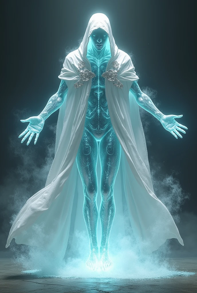 Humanoid man made of faceless crystals, His body is translucent and filled with mist inside with rune symbols all over his body with open arms, with a white hooded cape with light fabrics that spread to the floor in silver details, dc comics art image with the entire body outlined
