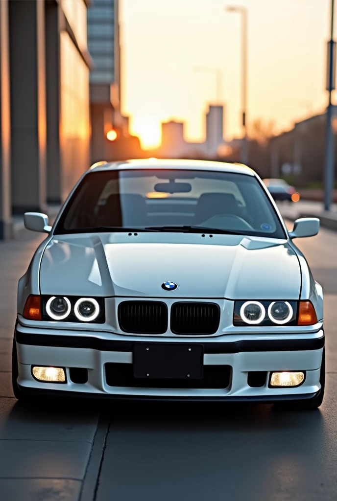 white e36 bmw with angel eye