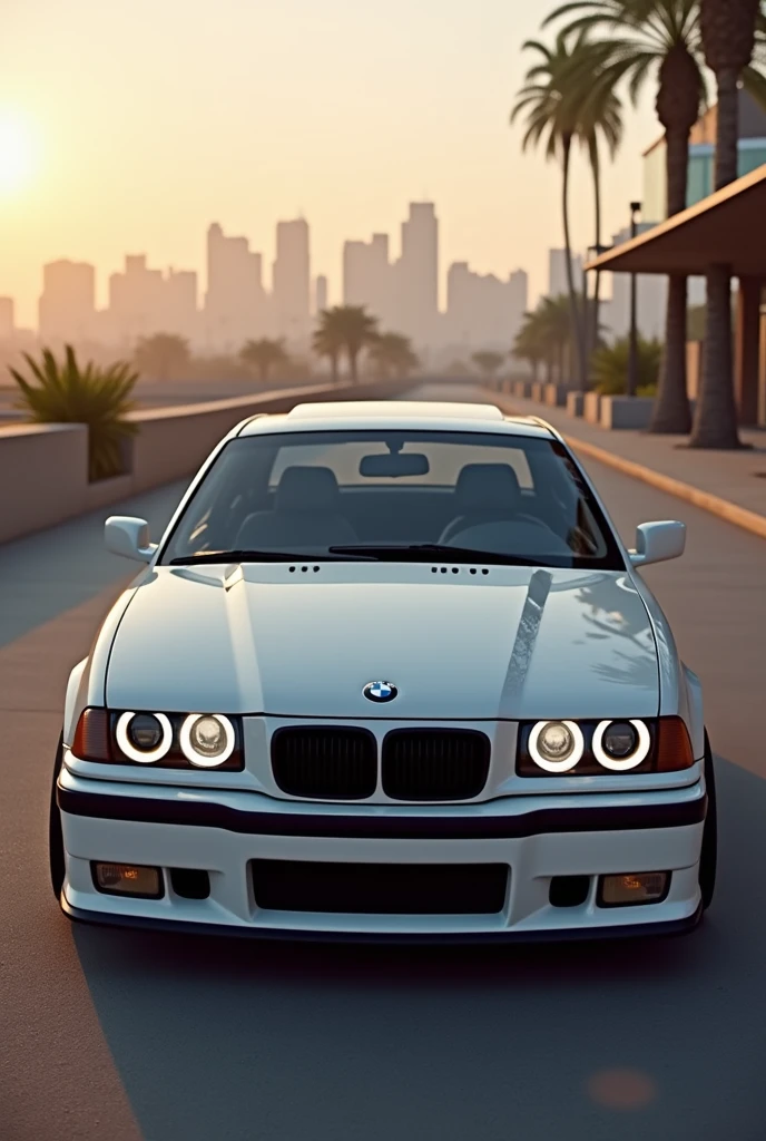 white e36 bmw with angel eye