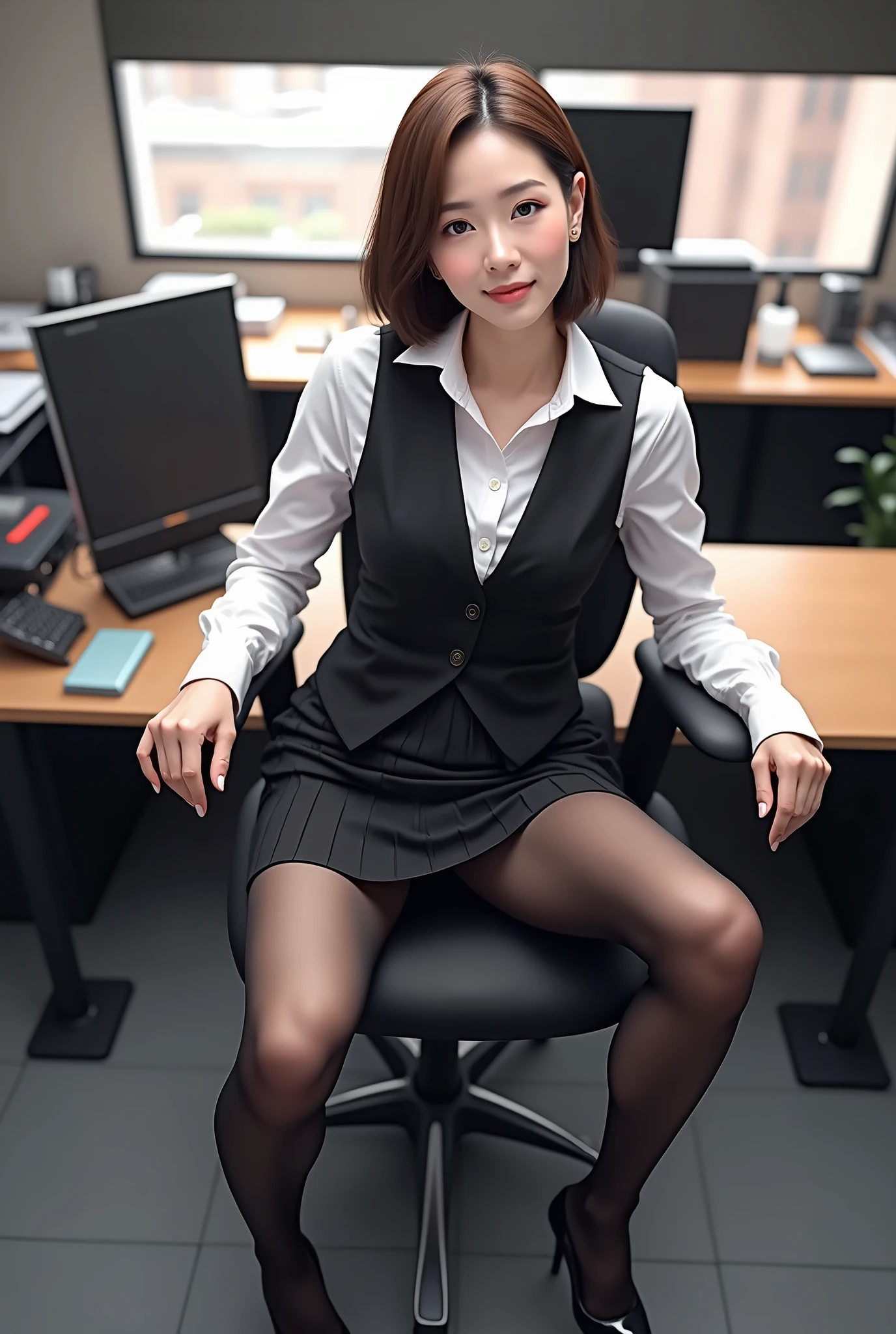 Full shot photo of the most beautiful office lady in the world in a suit, (((The whole body from head to toe))), (((sit a chair, knees up, legs crossed))), (((naked))), Look at the camera, Cute smile, Modern Office, Random sexy poses, high detailing, Colossal tits, Beautiful woman in office lady suit, Show Nipple, ((No bra)), Photorealsitic, White and beautiful skin, Sweaty and glowing skin, Professional Writing, Wear stockings of a random color, Wear high heels,