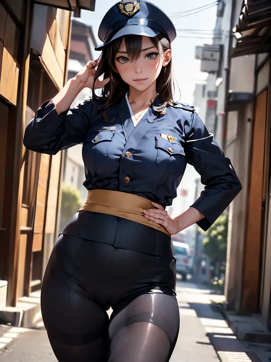 8k, RAW Photos, Highest quality, masterpiece, Realistic, Realistic, (1 Ultimate beauty), ((Wearing a policewoman&#39;s uniform)),(Strictly adhere to a composition where only one person appears in the photo)、(On the road)(Wear rimless glasses)((Female police officer))(((Female police officerの制服を着ている)))((I can see your pants))Highly detailed face, (Perfect Teeth), fine grain, double eyelid, eyelash, Lip details, (((Black short bob hair), (((Very large breasts)))Big Breasts,(((Accentuate your cleavage)))(((Squat pose)))(((Emphasizing the crotch)))((Sexy pose))Cowboy Shot,  Soft Light, ((Written boundary depth)) 
Proceed with caution，((,Japanese women)), (((moderately fleshy body, Tight waist))), (((Realistic))